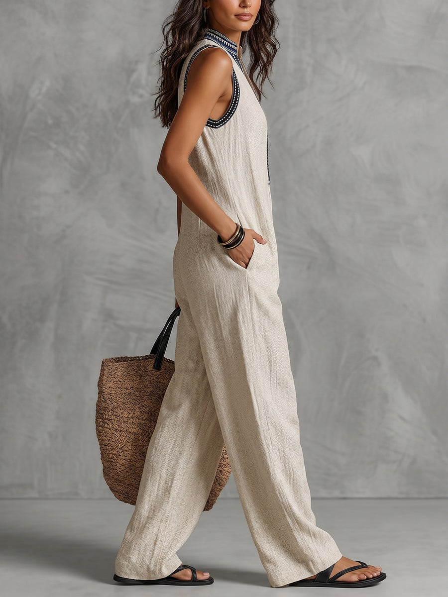 Sleeveless Wide Leg Pockets Solid Color Zipper Stand Collar Jumpsuits