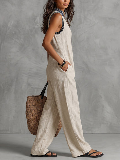 Sleeveless Wide Leg Pockets Solid Color Zipper Stand Collar Jumpsuits