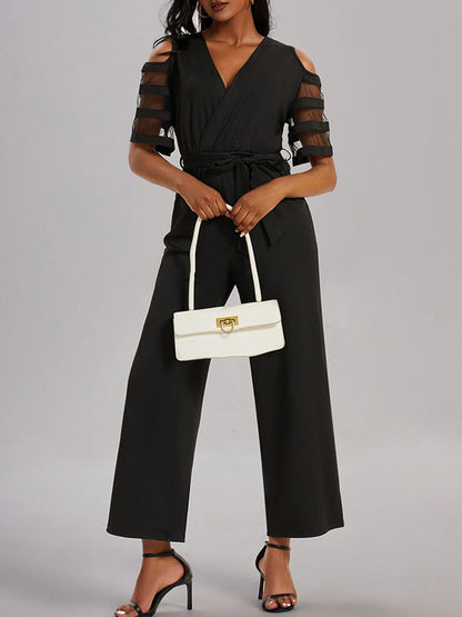 High Waisted Loose Hollow Mesh Solid Color Tied Waist V-Neck Jumpsuits
