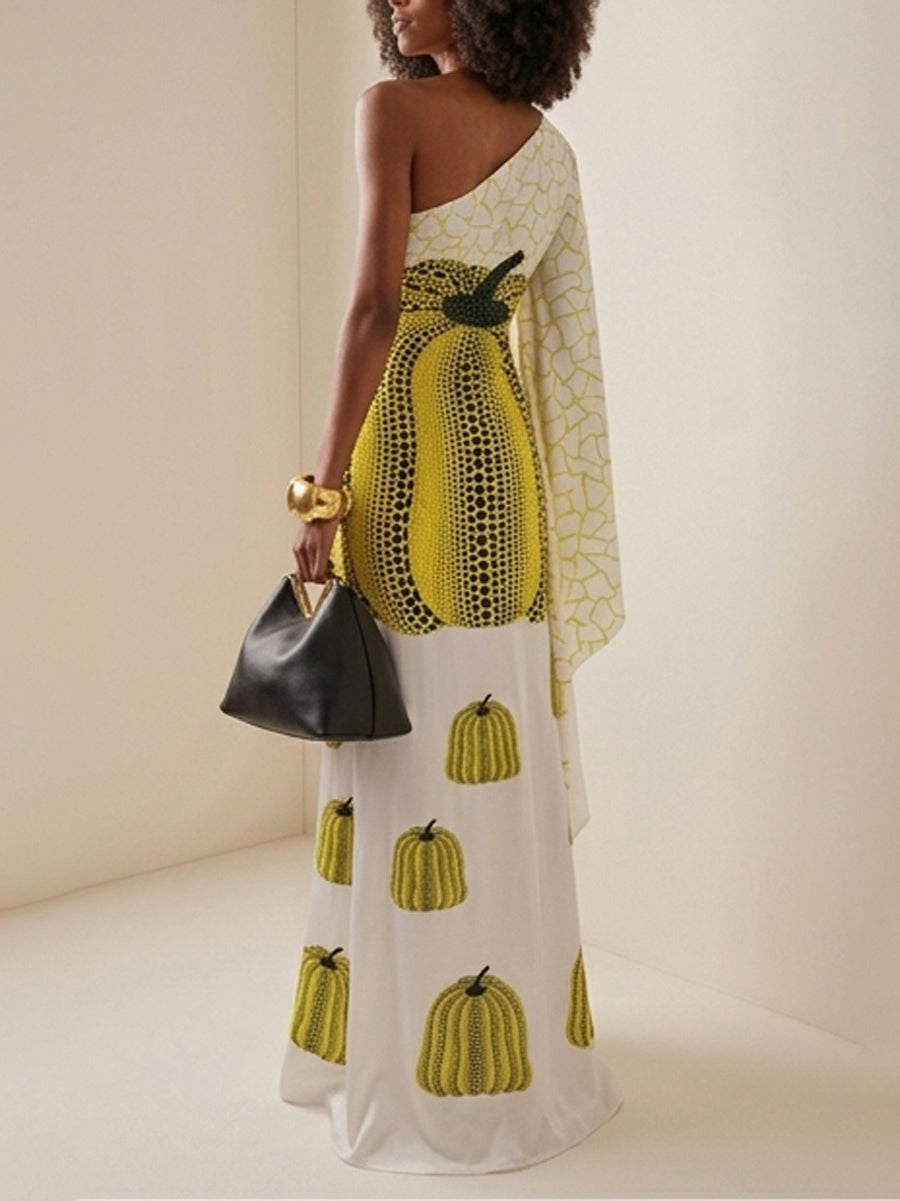 Long Sleeves Loose Asymmetric Printed One-Shoulder Maxi Dresses