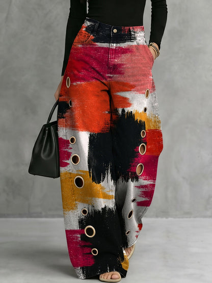 High Waisted Wide Leg Contrast Color Hollow Pockets Printed Pants Trousers