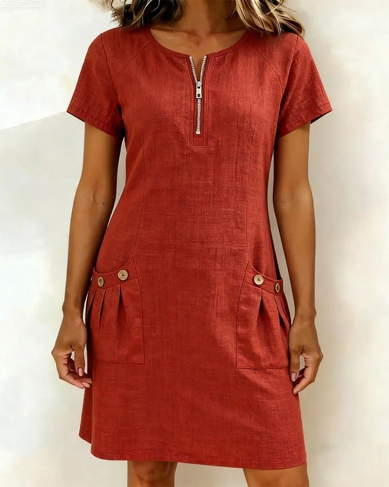Remi | Women's Shift Dress Short Sleeve Zip Neck with Pockets
