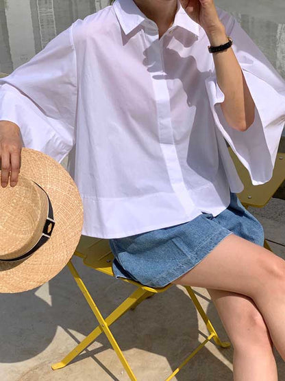 Chemisiers et chemises à revers, coupe trapèze, manches évasées, boutonnés et plissés, couleur unie 