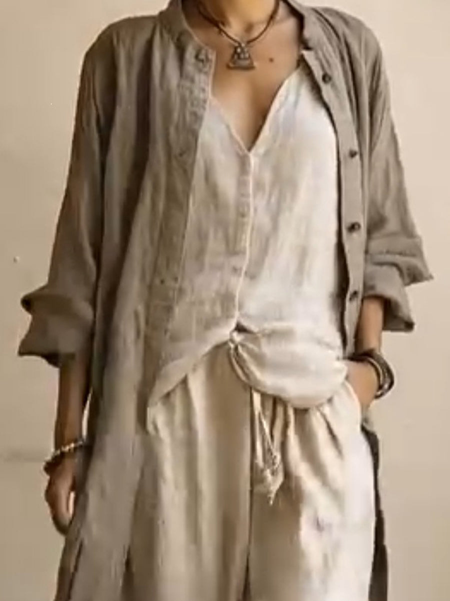 Long Sleeves Loose Buttoned Pockets Solid Color V-Neck Three Pieces Set