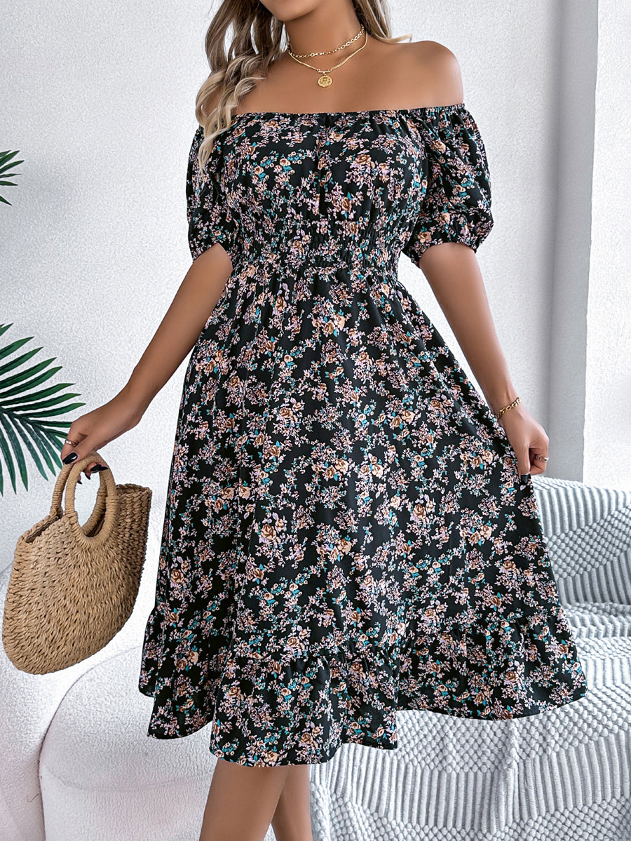 A-Line Short Sleeves Contrast Color Elasticity Flower Print Ruffle Trim Split-Joint Square-Neck Midi Dresses