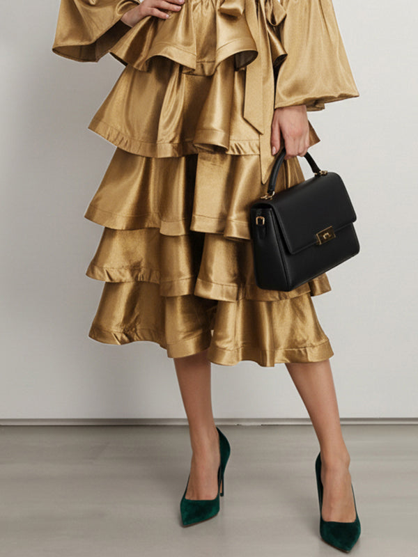 Flared Sleeves Belted Ruffled Shiny Tiered V-Neck Midi Dresses