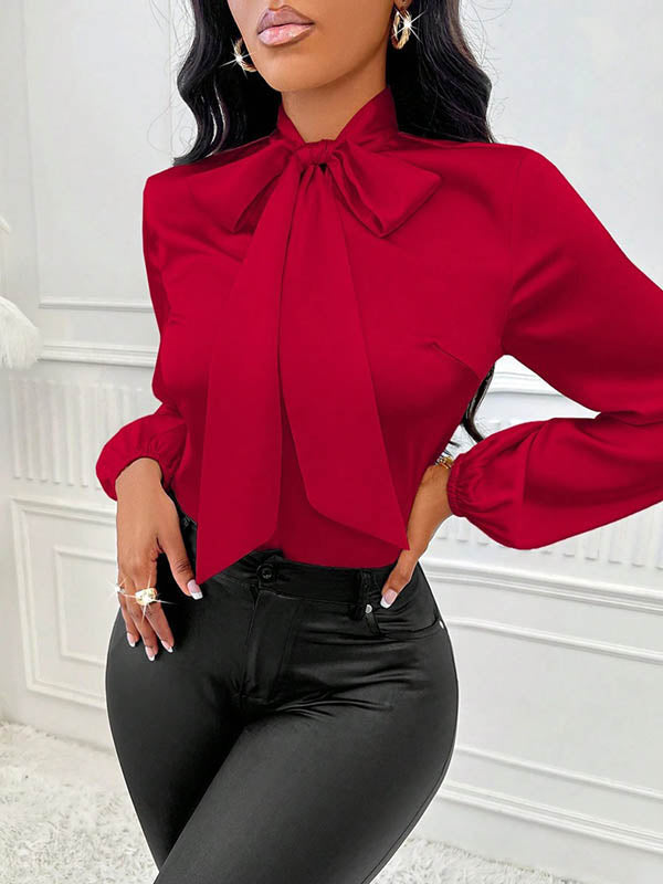 Long Sleeves Loose Bow-Embellished Pleated Solid Color Split-Joint Scarf Collar Blouses&Shirts Tops
