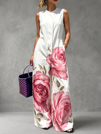 High Waisted Loose Flower Print Pleated Pockets Round-Neck Jumpsuits