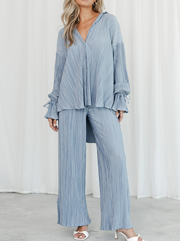 Flared Sleeves Long Sleeves Buttoned Drawstring Pleated Solid Color Split-Side Lapel Shirts Top + Pants Bottom Pajama Sets