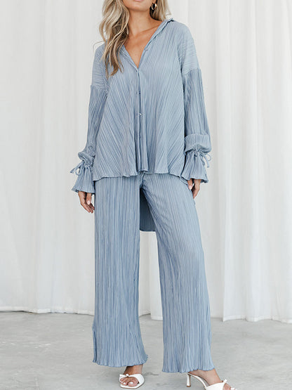 Flared Sleeves Long Sleeves Buttoned Drawstring Pleated Solid Color Split-Side Lapel Shirts Top + Pants Bottom Pajama Sets