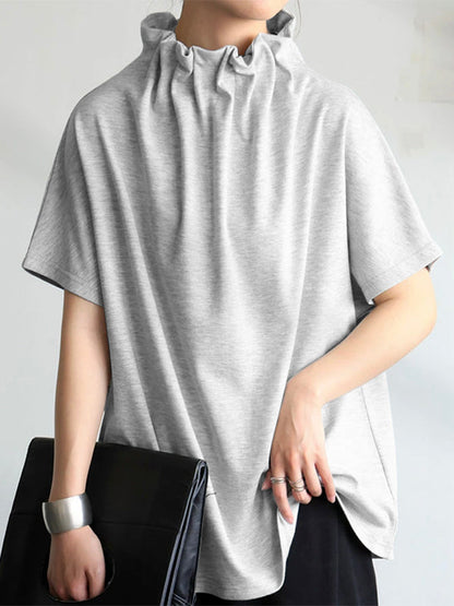Loose Short Sleeves Solid Color Stand Collar T-Shirts Tops