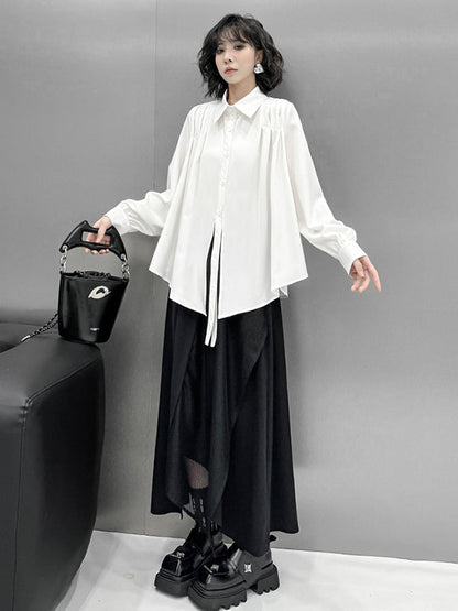Irregularity Long Sleeves Buttoned Solid Color Split-Joint Streamer Lapel Collar Blouses&Shirts Tops