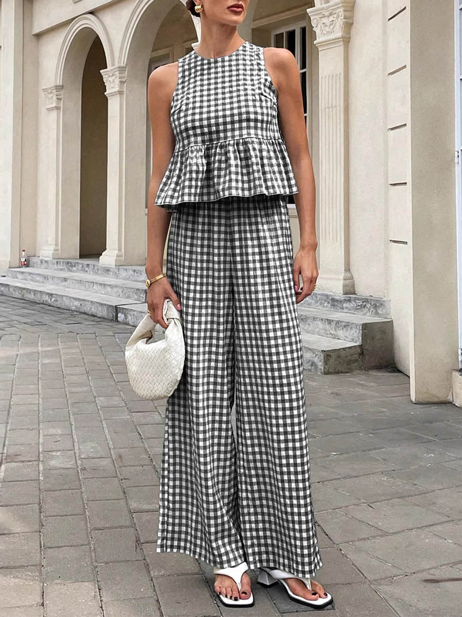 A-Line Loose Plaid Pleated Split-Joint Round-Neck Vest Top + Pants Bottom Suits