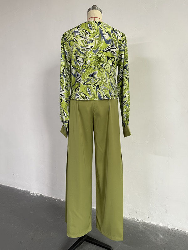 Long Sleeves Printed Heaps Collar Shirts Top + High Waisted Pants Bottom Two Pieces Set
