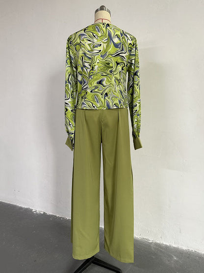 Long Sleeves Printed Heaps Collar Shirts Top + High Waisted Pants Bottom Two Pieces Set