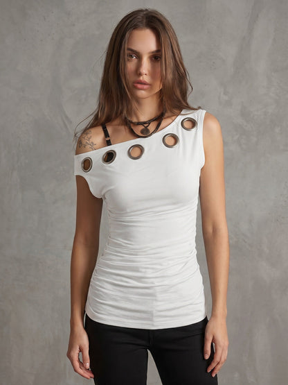 Sleeveless Asymmetric Hollow Pleated Solid Color One-shoulder T-Shirts Tops