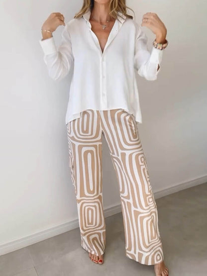 Long Sleeves Buttoned Solid Color Lapel Blouses&Shirts Tops + High Waisted Pockets Printed Pants Two Pieces Set