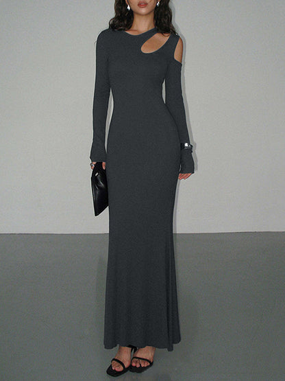 Long Sleeves Skinny Hollow Solid Color Cold Shoulder Maxi Dresses