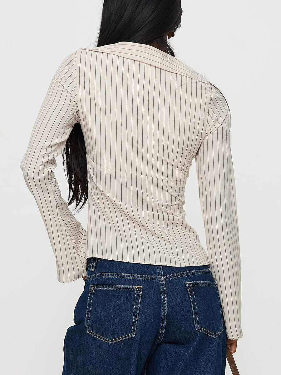 Flared Sleeves Long Sleeves Buttoned Solid Color Split-Joint Striped V-Neck Blouses&Shirts Tops