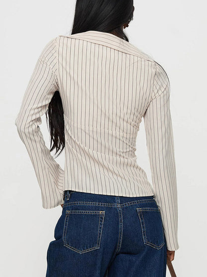 Flared Sleeves Long Sleeves Buttoned Solid Color Split-Joint Striped V-Neck Blouses&Shirts Tops