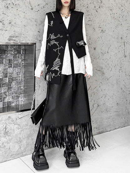 Sleeveless Asymmetric Buttoned Embroidered V-Neck Vest Top