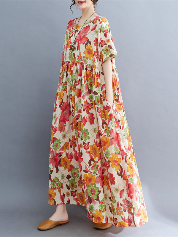 Loose Short Sleeves Pleated Printed Split-Joint Round-Neck Midi Dresses ORANGE One_size