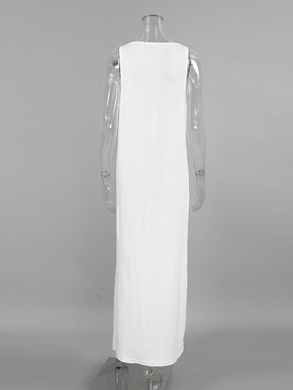 Loose Sleeveless See-Through Solid Color Split-Joint U-Neck Maxi Dresses
