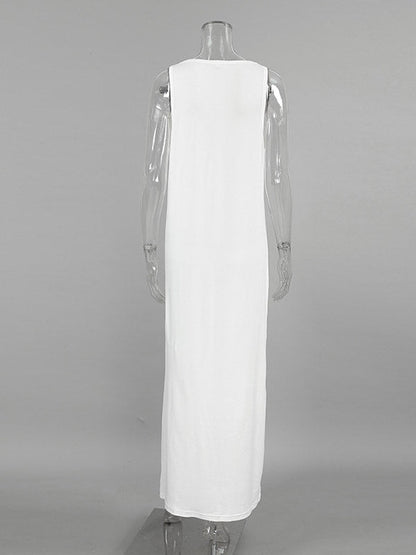 Loose Sleeveless See-Through Solid Color Split-Joint U-Neck Maxi Dresses