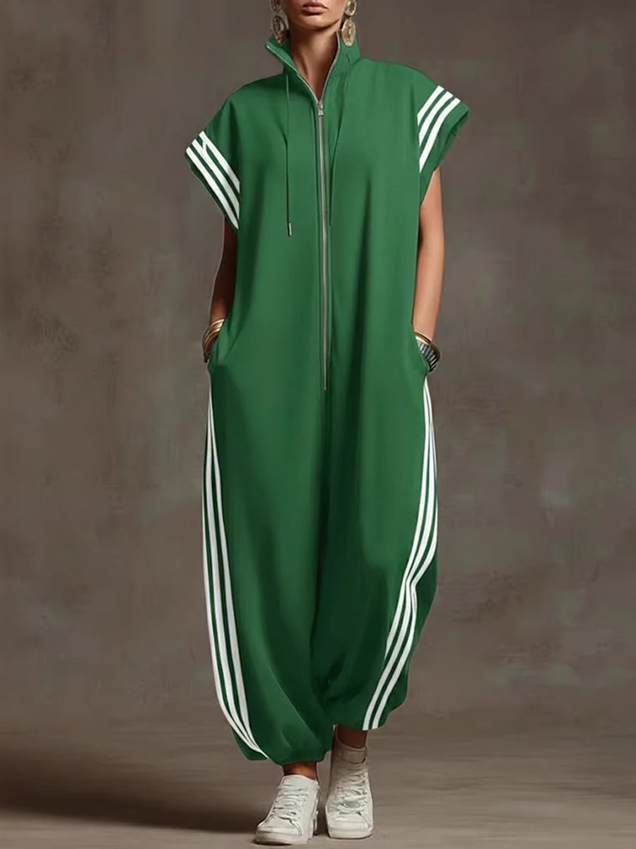 Loose Plus Size Contrast Color Pockets Split-Joint Striped Zipper Stand Collar Jumpsuits Ninth Pants