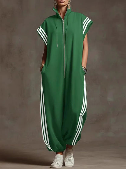 Loose Plus Size Contrast Color Pockets Split-Joint Striped Zipper Stand Collar Jumpsuits Ninth Pants