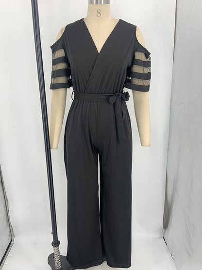 High Waisted Loose Hollow Mesh Solid Color Tied Waist V-Neck Jumpsuits
