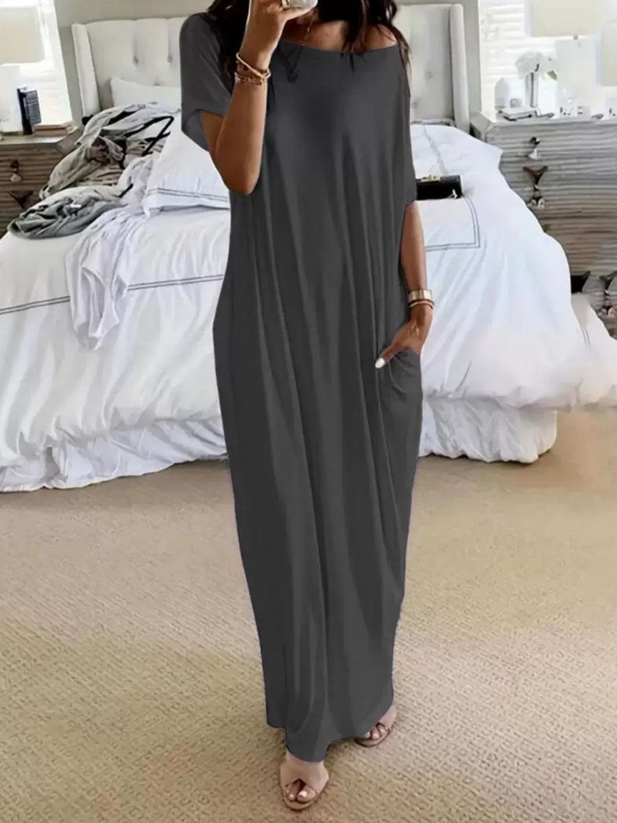 Solid Color Pockets Short Sleeves Plus Size One-shoulder Maxi Dresses