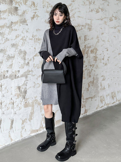 Batwing Sleeves Hipster Asymmetric Contrast Color Split-Joint High-Neck Midi Dresses Sweater Dresses