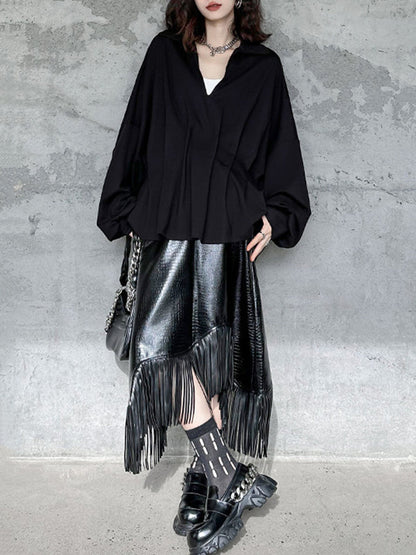 Batwing Sleeves Long Sleeves Pleated Solid Color Deep V-Neck Blouses&Shirts Tops