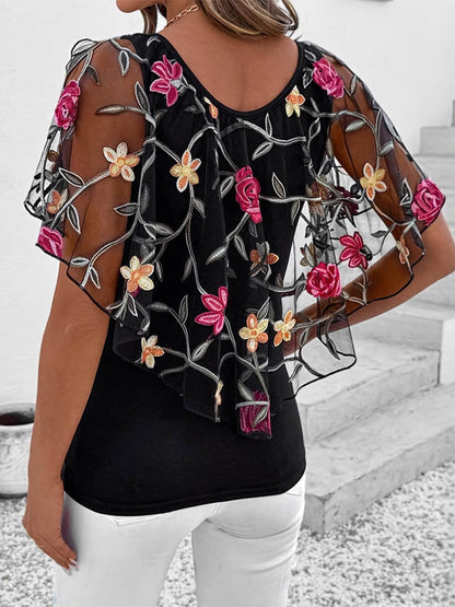 Batwing Sleeves Irregularity Contrast Color Flower Print Layered Split-Joint Round-Neck Blouses&Shirts Tops