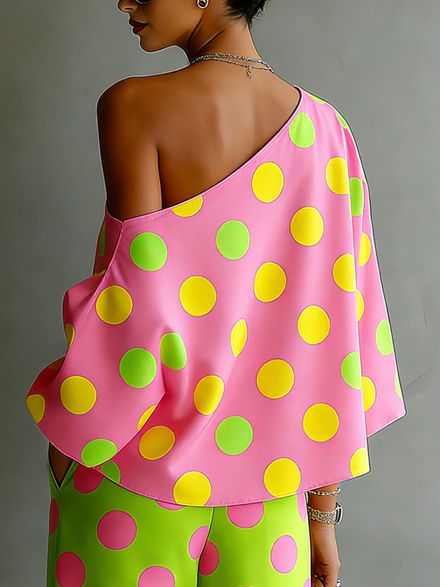Long Sleeves Loose Asymmetric Polka-Dot One-Shoulder Blouses&Shirts Tops