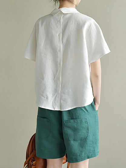 Künstlerische Retro-Blusen und Hemden mit kurzen Ärmeln, locker, plissiert, einfarbig 