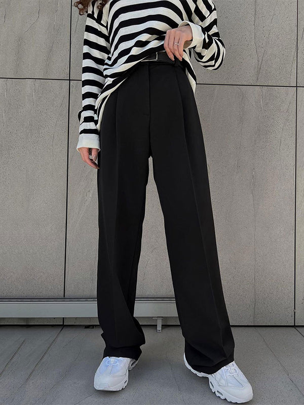 High Waisted Loose No Belt Solid Color Suit Pants Trousers