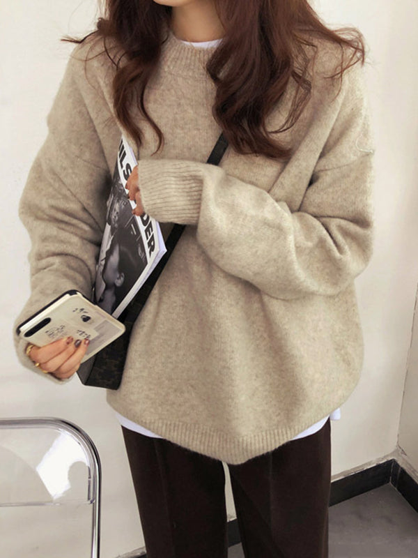 Simple Loose Long Sleeves Round-Neck Sweater Tops Pullovers