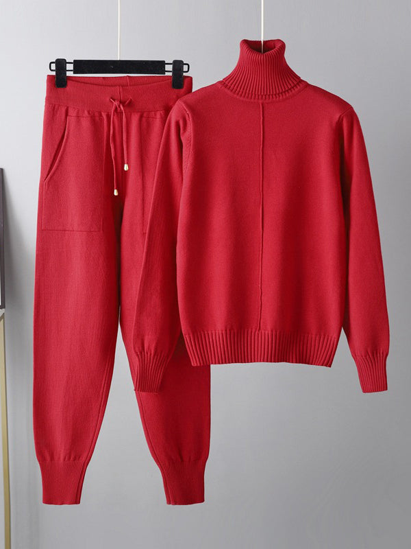 Casual Solid Long Sleeves High-Neck Sweater Tops & Drawstring Wide Leg Pants Suits