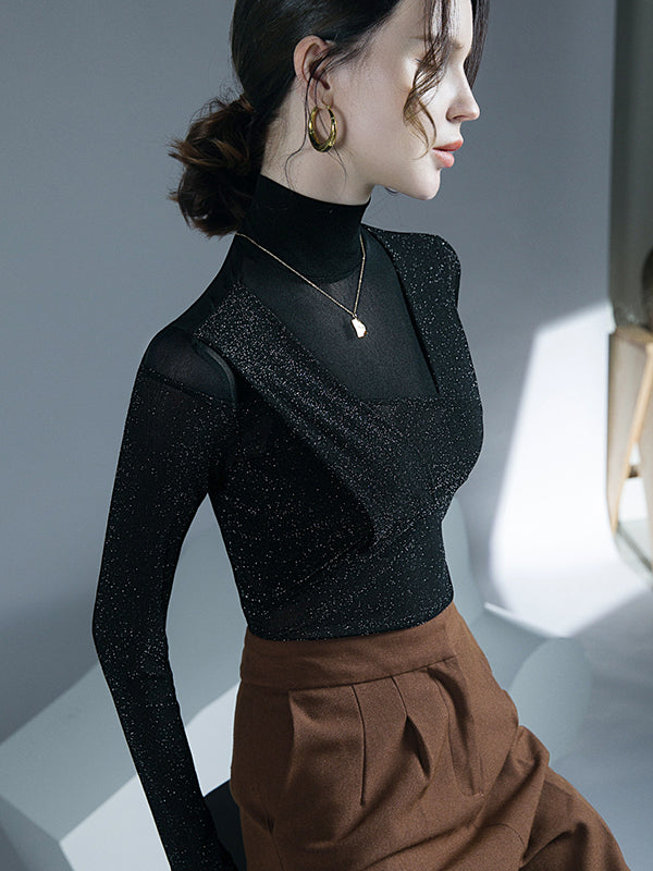 Long Sleeves Skinny Asymmetric Mesh See-Through Shiny Split-Joint Half Turtleneck Blouses&Shirts Tops