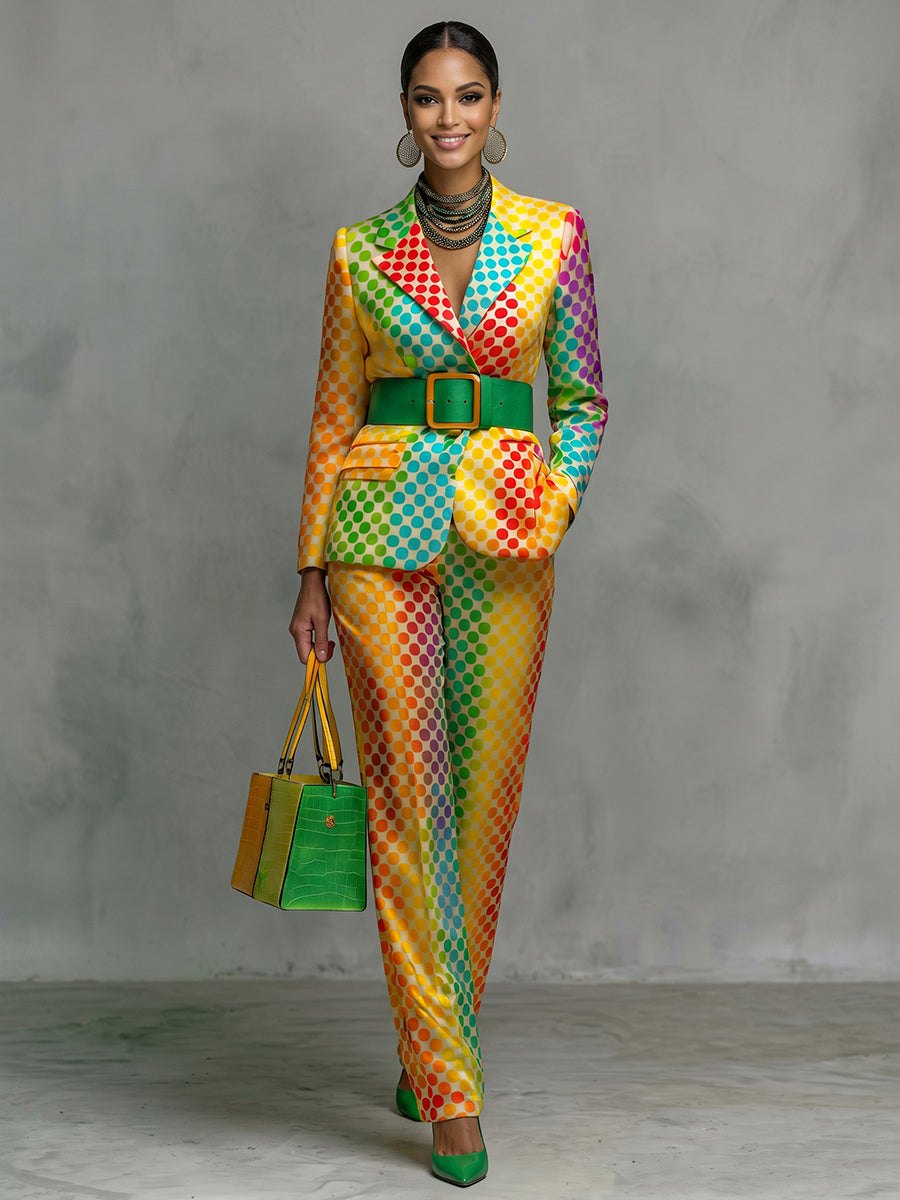 Polka-Dot No Belt Contrast Color Colorful Long Sleeves Notched Collar Outerwear Blazer