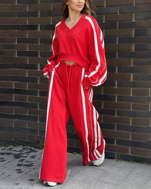 Casual V-Neck Striped Sweat & Wide Leg Pants Two-Piece Set Red S