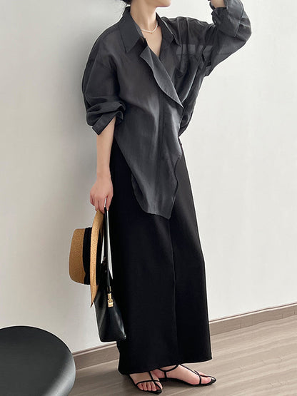 Irregular Clipping Long Sleeves Solid Color Lapel Blouses&Shirts Tops