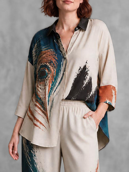 Contrast Color Buttoned Three-quarter Sleeves Loose Lapel Blouses&shirts Tops
