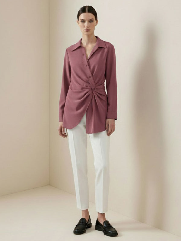 Long Sleeves Wrap Asymmetric Knot Pleated Lapel Blouses&Shirts Tops