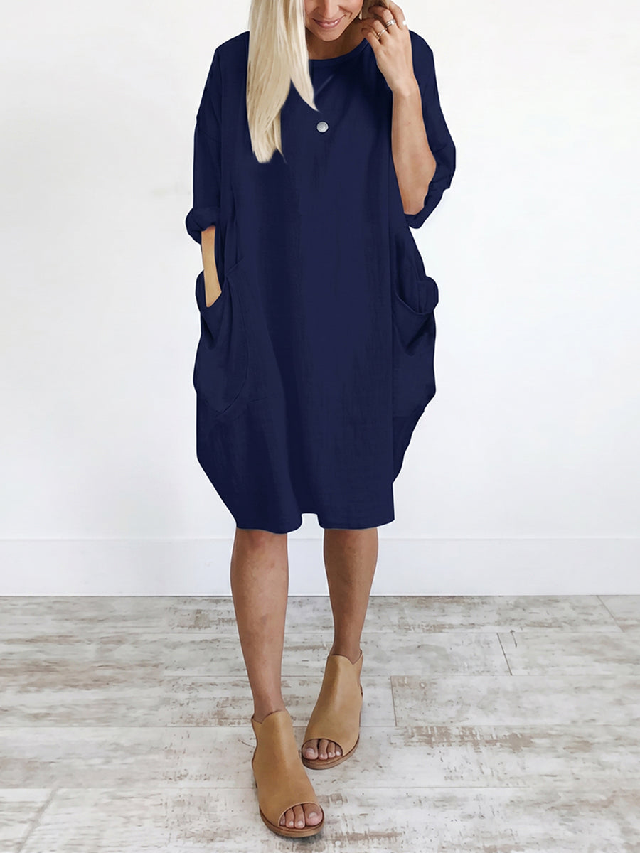 Long Sleeves Loose Pockets Solid Color Round-Neck Mini Dresses