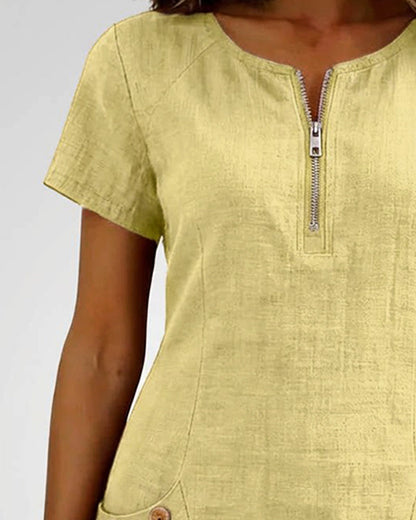 Remi | Women's Shift Dress Short Sleeve Zip Neck with Pockets