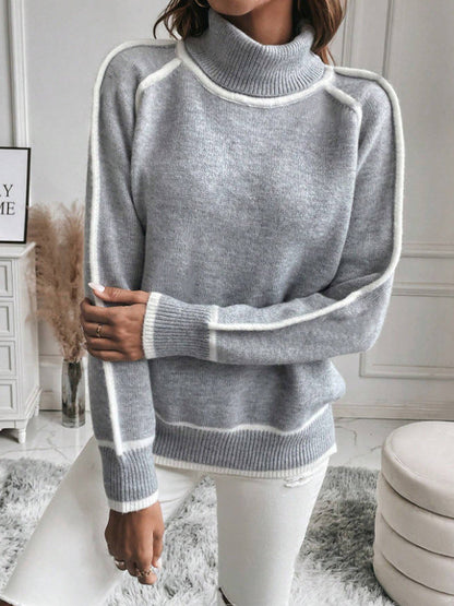 Long Sleeves Loose Contrast Color Split-Joint High Neck Sweater Tops