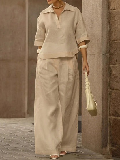 Solid Color Half Sleeves Lapel Blouses&Shirts Tops + High Waisted Pleated Trousers Pants Two Pieces Set